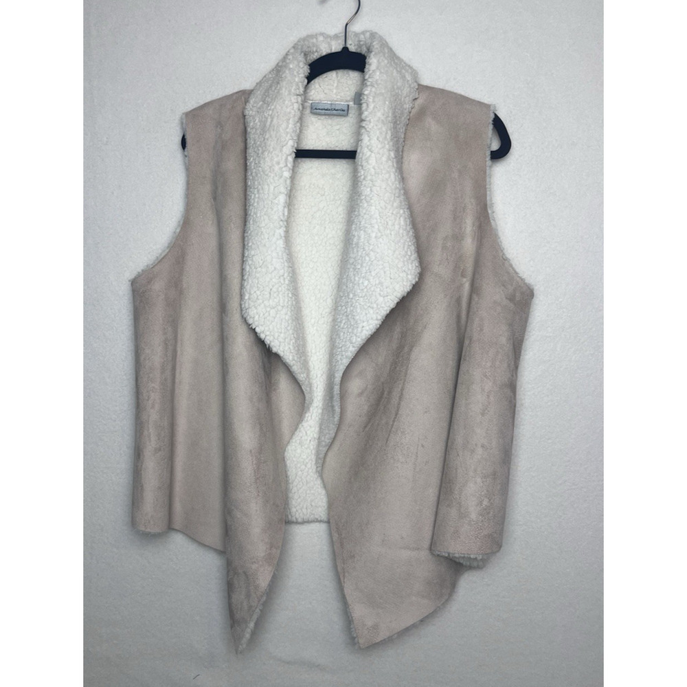 Amanda Charles Women's Faux Suede Fleece Lined Open Front Vest Size Large Tan